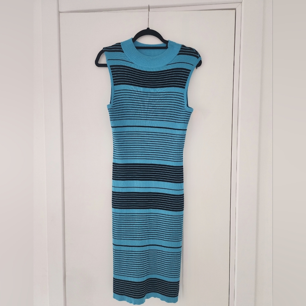 Turquoise and Black Striped Midi Dress